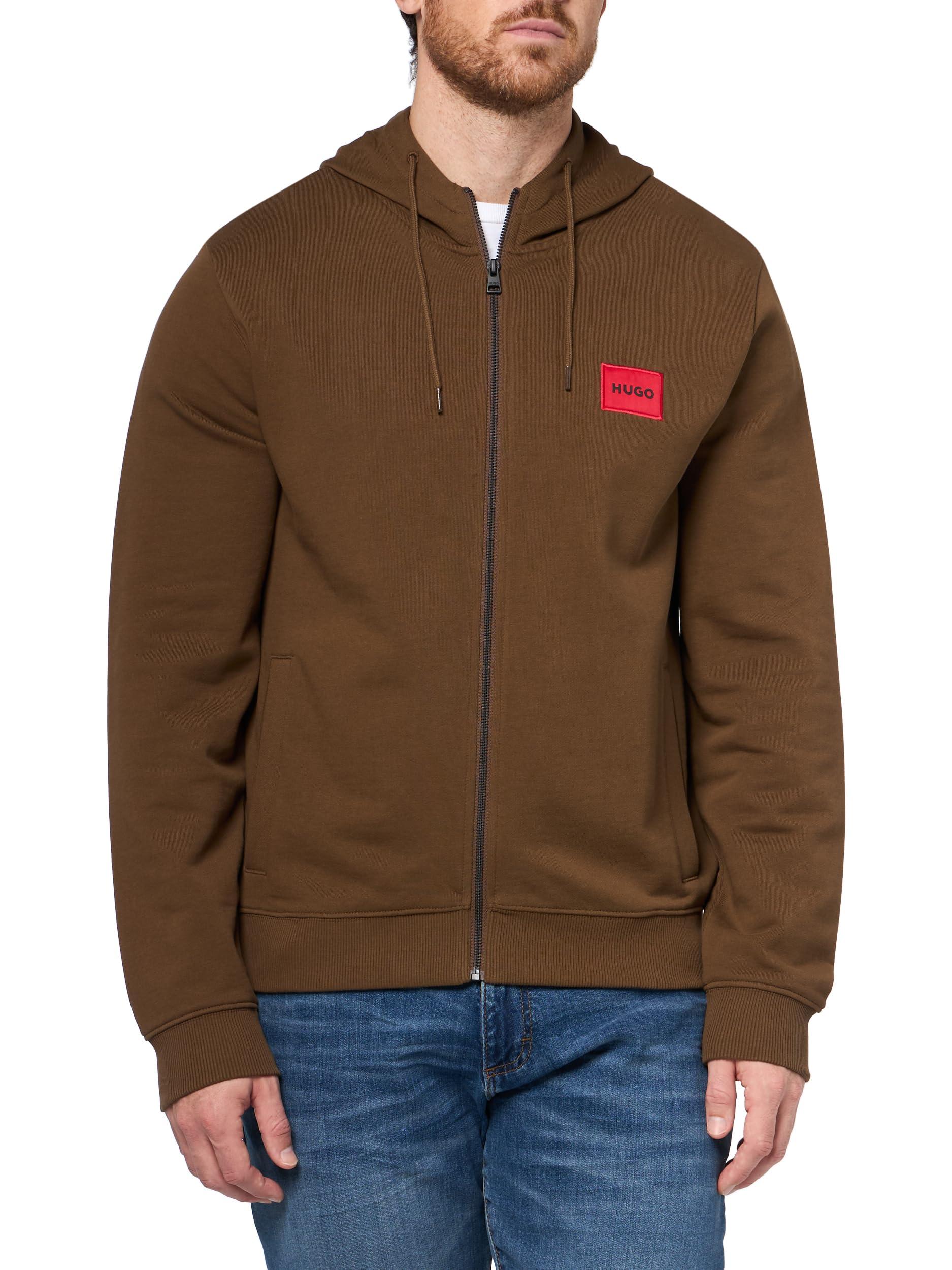 HUGO, Regular Fit Square Logo Jersey Hooded Zip Up Sweatshirt, Dark Sepia, XXL