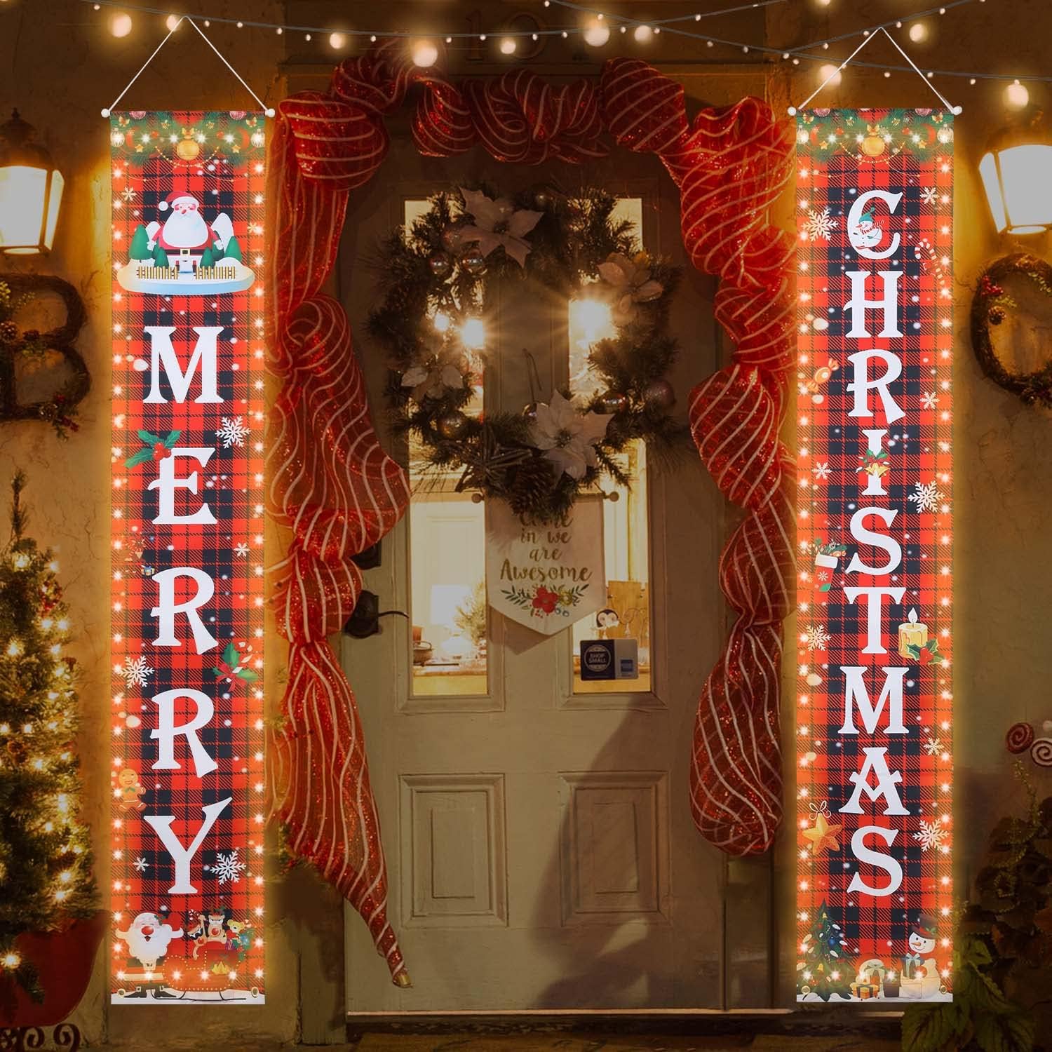 Yard Signs - Christmas Decorations with Lights - Outdoor Xmas Lighted Banners Porch Signs Decor - Merry Christmas Plaid Banner for Indoor Home Decor Wall Front Door Yard Garage Holiday Party Decoration