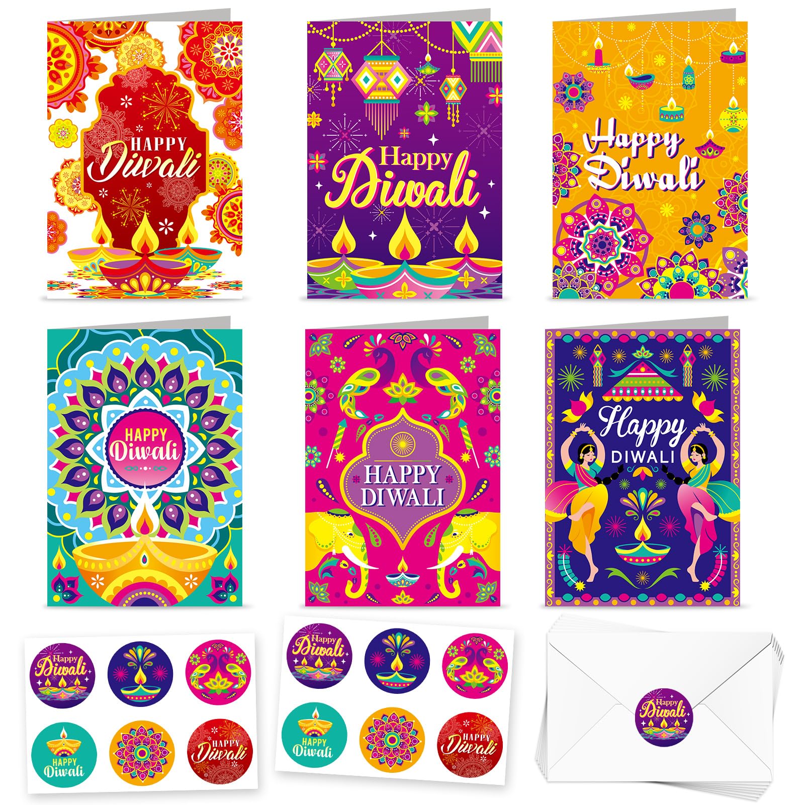 HOWAF 12pcs Happy Diwali Cards, Diwali Diyas Greeting Cards Diwali Gifts for Diwali Cards Multipack with Envelopes and Happy Diwali Stickers Diwali Gifts for Family Happy Diwali Decorations Deepavali