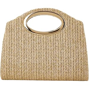 AIBBYDAR Straw Clutch Purses Women Evening Handbag Ring Handle Summer Woven | Lightweight woven straw summer clutch with gold
