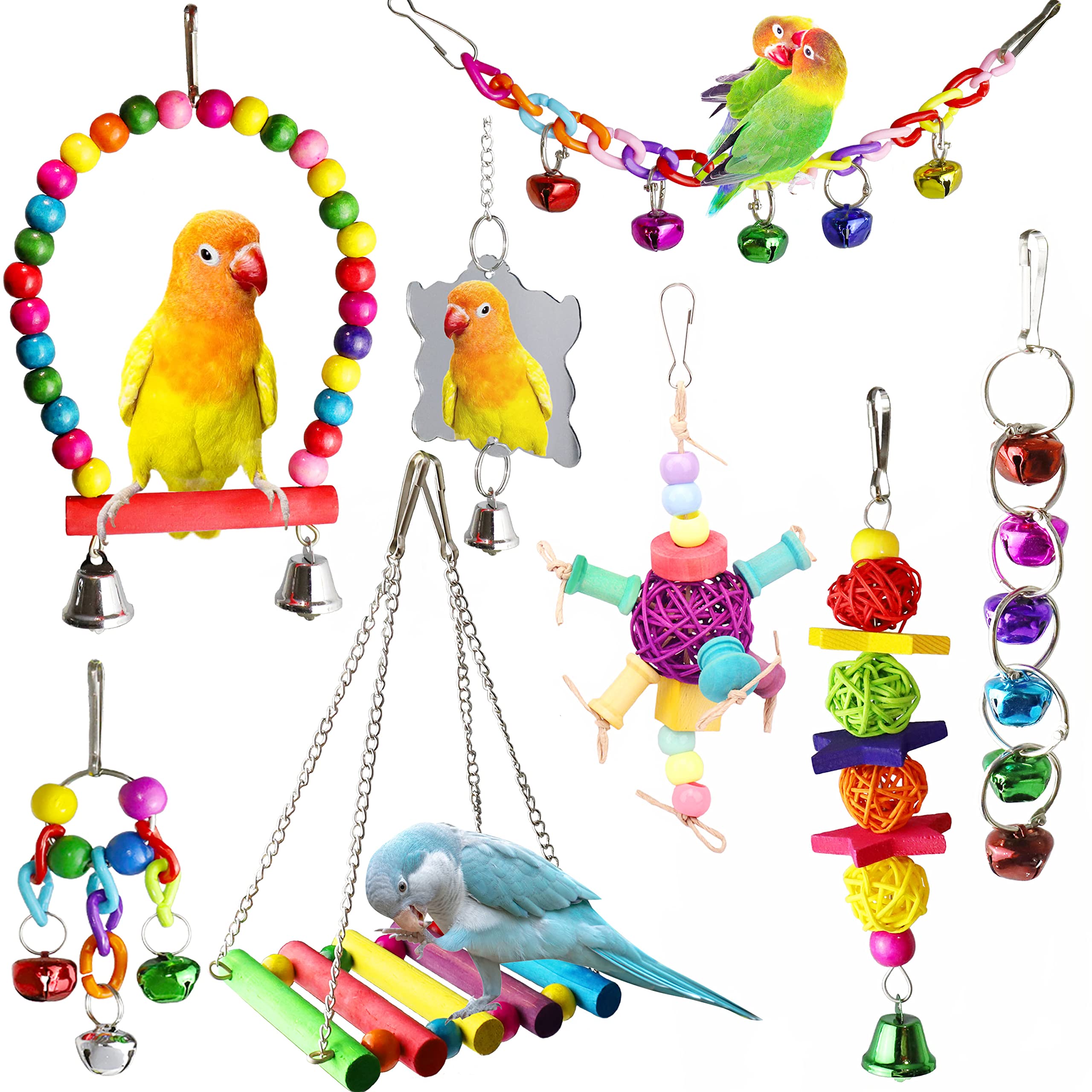 8 Pcs Bird Budgie Parakeet Toys, ESRISE Hanging Bell Budgie Swing Cockatiel Wooden Perch Chewing Toy for Small Parrots, Conures, Love Birds (Muliti-A)