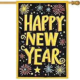HOMETITUTE Happy New Year House Flag 28x40 Inch Double Sided Garden Flag Colorful Fireworks Gold Letter Design Winter Holiday Yard Banner Large Outdoor Polyester Flag for Porch Lawn Home Decoration