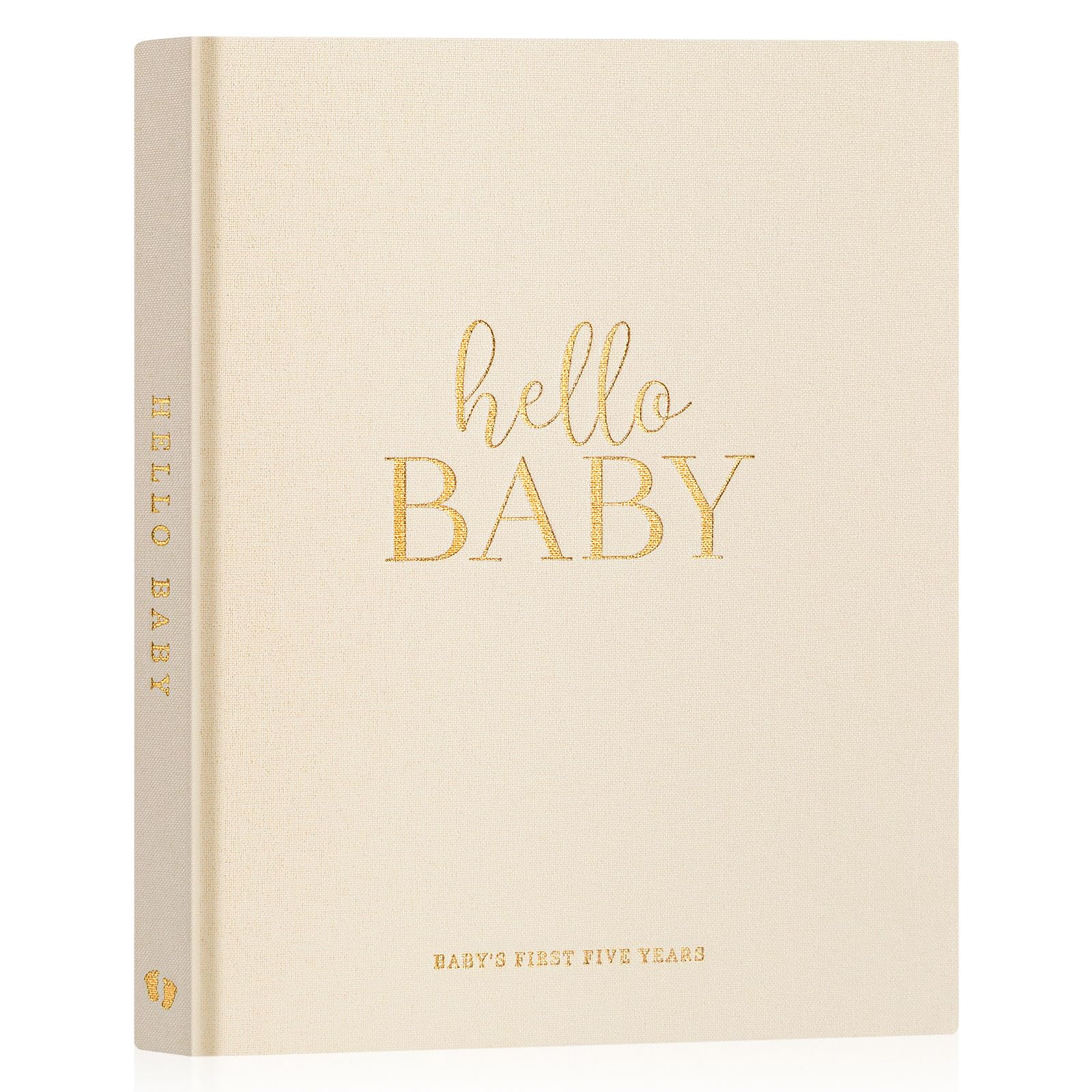 Lanpn Hello Baby First 5 Year Memory Book for Boy Girl - Linen Hardcover Baby Book Keepsake for New Parents - Newborn Baby Journal Scrapbook Photo Album Baby Milestone Book (Beige, 154 Pages)