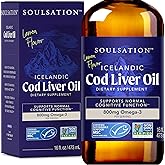 SOULSATION Icelandic Cod Liver Oil Liquid, Lemon (16oz) - Vitamins A & D, EPA & DHA - Helps Vision, Skin Membranes & Immune Function - MSC Certified, Non-GMO