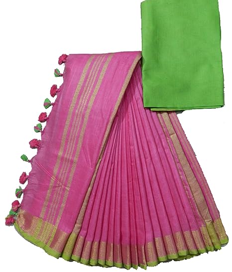 Women's Jivika Linen Slub Saree with Blouse (CSZCP98, Pink and Parrot Green)