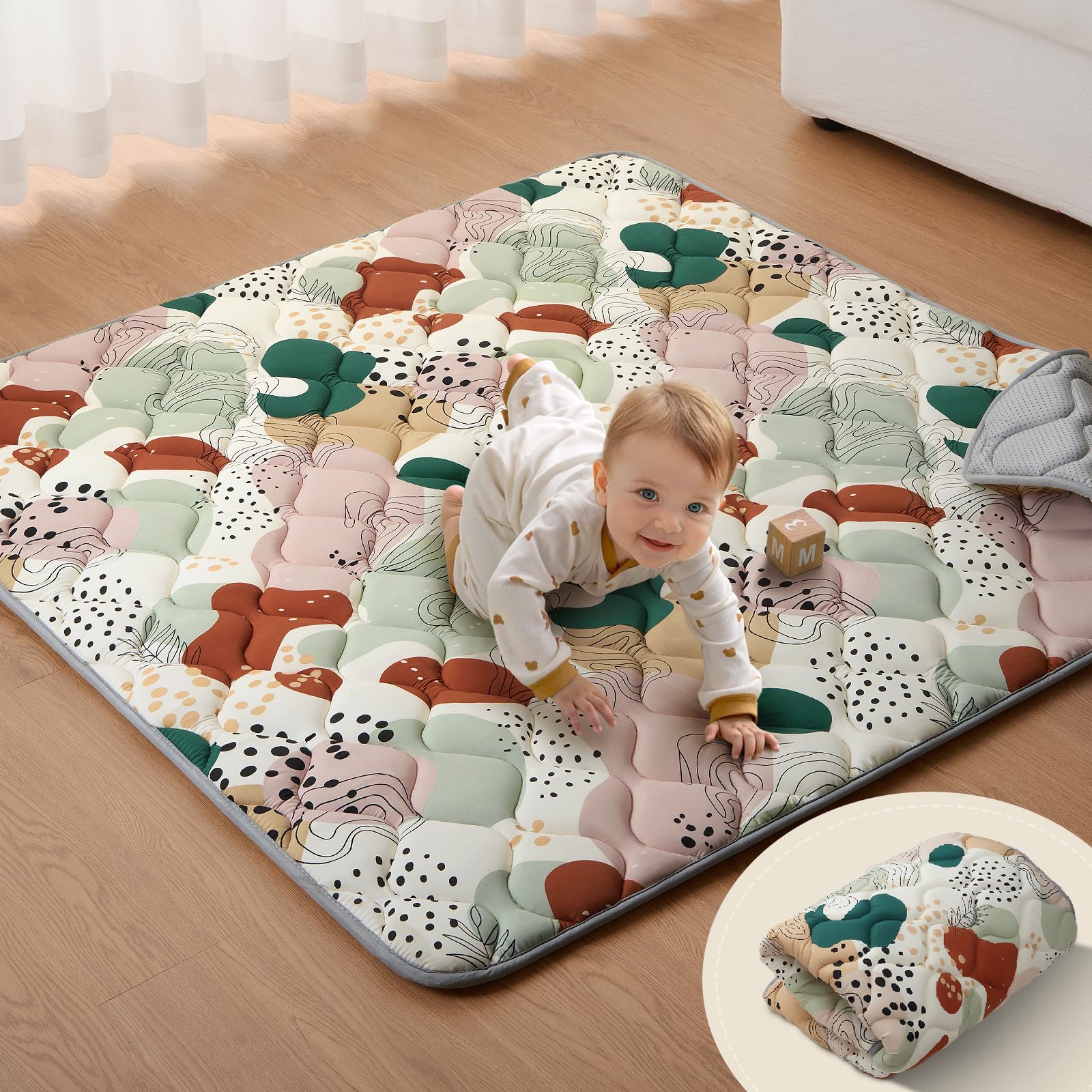 Photo 1 of Blissful Diary Portable Baby Play Mats for Floor, Thicker Cushioned Foldable Baby Crawling Mat for Indoor Outdoor, Modern Abstract 43" X 43"