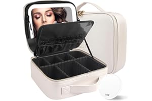 MOMIRA Travel Makeup Bag Cosmetic Bag Makeup Organizer Bag with Lighted Mirror, Adjustable Brightness in 3 Color Scenarios, Waterproof Makeup Train Case, Gift for Women - Khaki