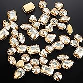 Choupee 48PCS Mixed Shapes Flatback Sew On Glass Rhinestone Sewing Claw Rhinestone for Craft, Clothes, Garments, Dress, Earring, Belt and Shoes (Champagne, Gold Claw)