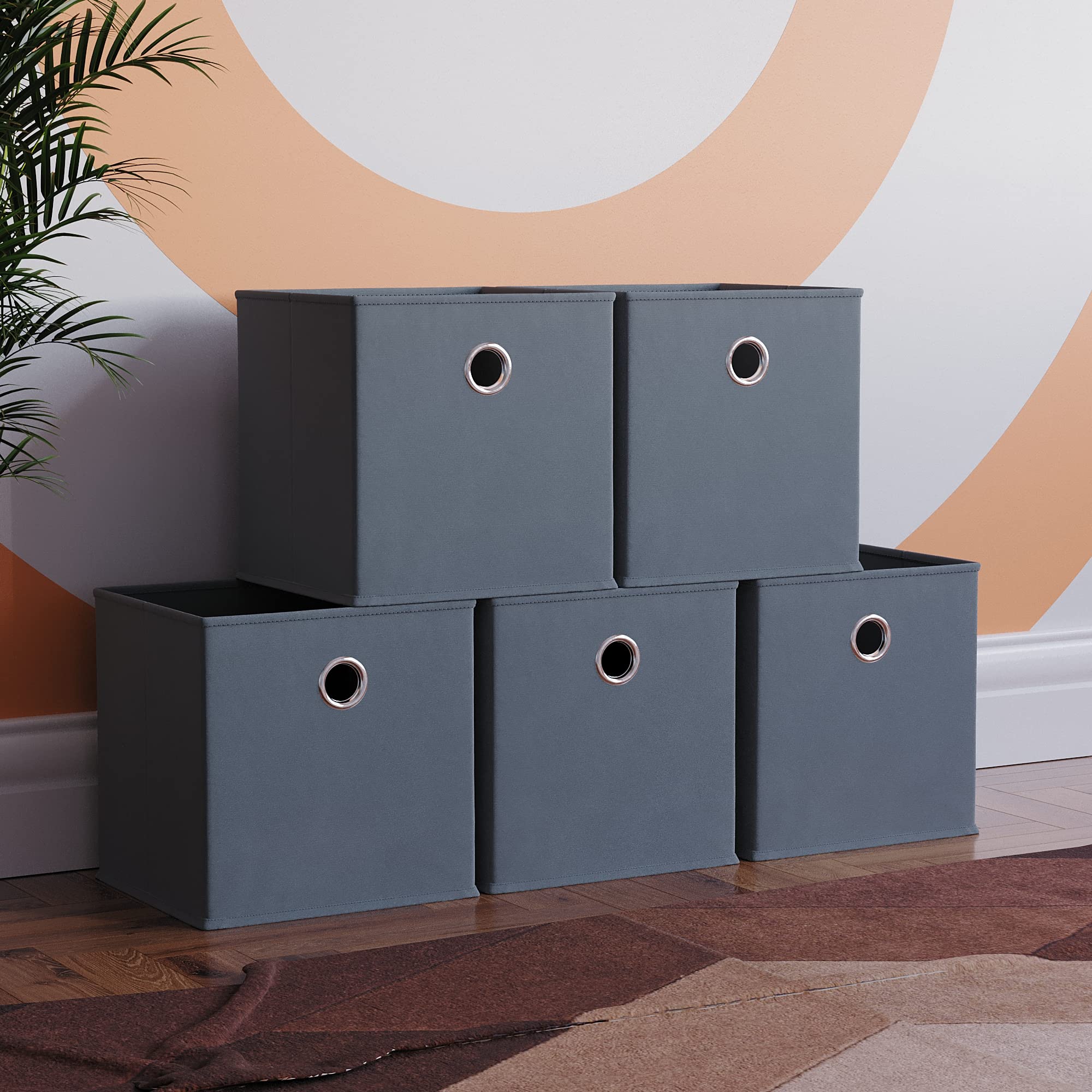 Vida Designs Durham Foldable Storage Cube Baskets Fabric Box With Metal Easy Access Handle Home Organiser (5 Pack, Grey)