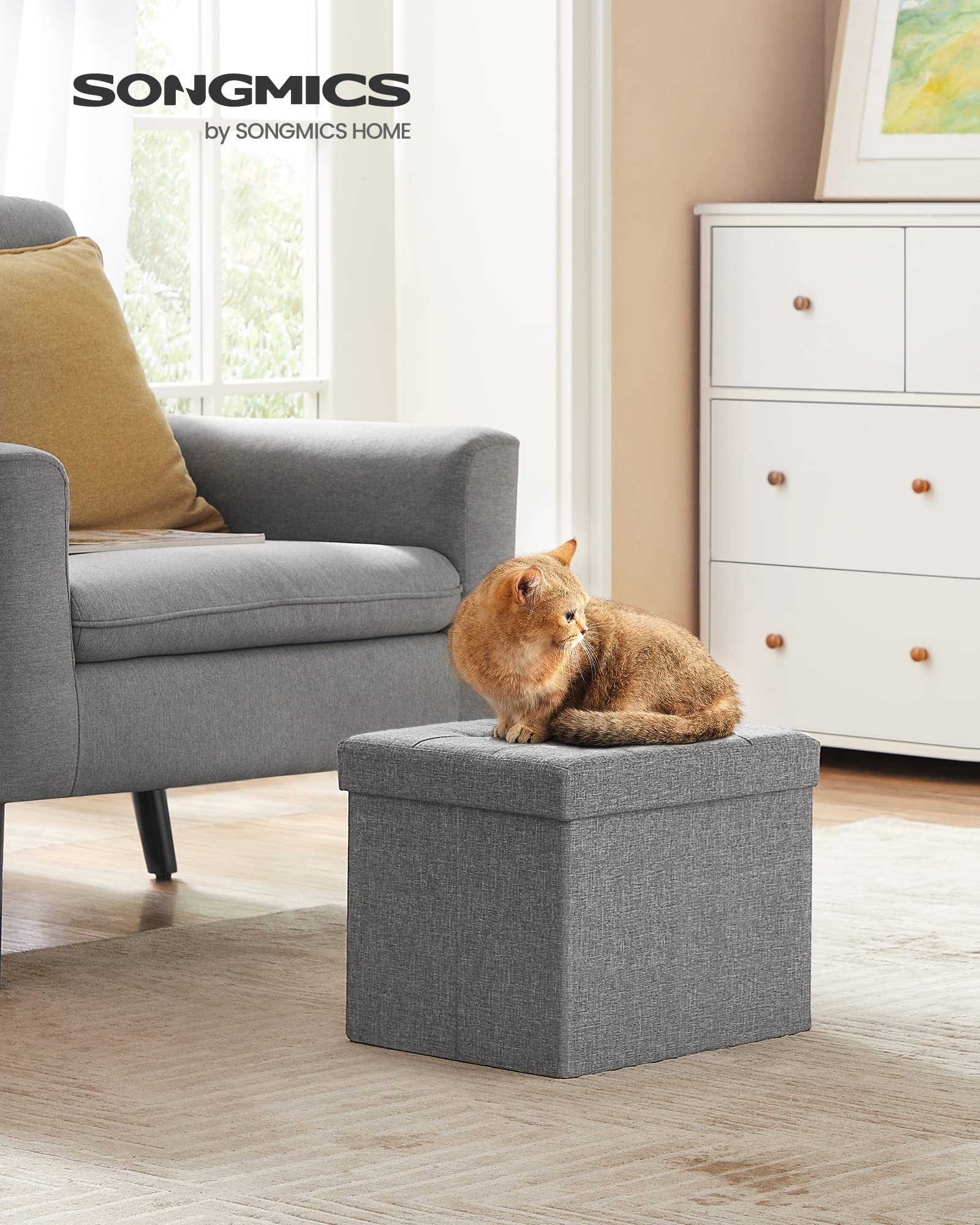 SONGMICS Mazie Collection - Small Folding Storage Ottoman, Foot Rest Stool, 12.2 x 16.1 x 12.2 Inches, 286 lb Load Capacity, for Living Room, Bedroom, Home Office, Dorm, Light Gray ULSF102G02