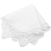 Milesky White Wedding Handkerchief Pure Cotton, Soft Ladies Hanky with Crochet Lace