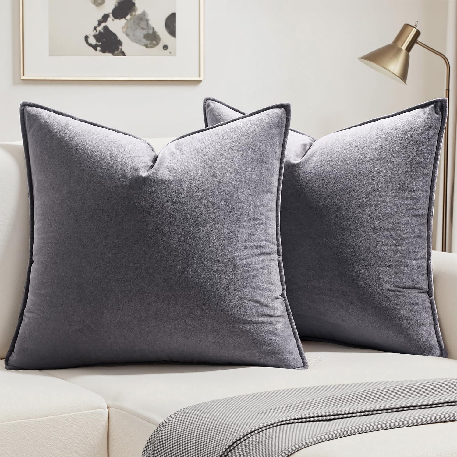 MIULEE Velvet Cushion Covers 40cm x 40cm Light Grey Decorative Square Throw Pillow Covers Flanges Pillowcases Soft for Livingroom Sofa Bedroom with Invisible Zipper 16 x 16 Inch Pack of 2