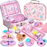 Auney 36 PCS Tin Tea Set Unicorn Toys for Girls Tea Party Pretend Play view 1