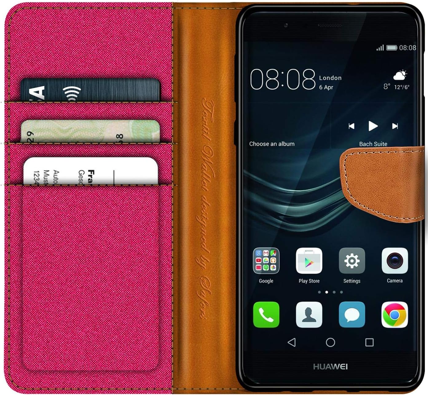 Verco Phone Wallet Case compatible with the Huawei P9 Lite, Canvas Faux Leather Book Cover for the P9 Lite Flip Case Bag Hinged - Pink - Image 3