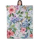 CUEBOS Floral Hummingbird Flannel Throw Blanket 50x60 Inch, Colorful Bird with Hibiscus and Hydrangea Blankets Soft Cozy Fleece Throws for Nature Lover Bed Sofa Dorm Living Room Decor Gifts