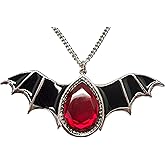Real Metal Gothic Black Bat Wings and Blood Red Stone Pewter Pendant Necklace