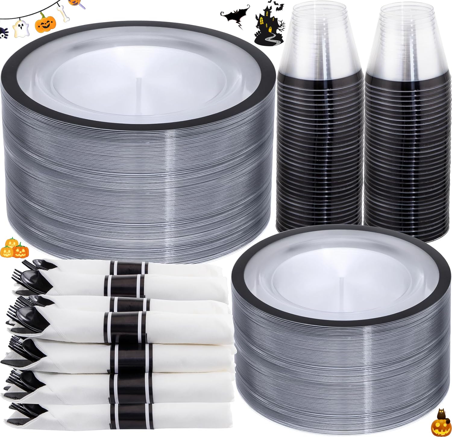 Photo 1 of I00000 350 Pcs Clear and Black Plastic Plates,Black Dinnerware Set, Include 50 Dinner and 50 Dessert Plates,50 Plastic Cups,50 Per Rolled Napkins with Cutlery for Party,Wedding,Halloween