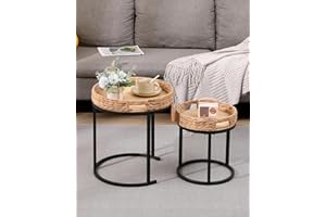 GTIWROTN Nesting Tables, Featuring Two Small Round Side Tables. Traditional Hand-Woven Nesting Tables， Can Serve as a Coffee Table in The Living Room or as Night Stand in The Bedroom.