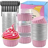 Homeanda 60pcs Mini Cake Pans & Loaf Pans with Lids - 5oz Round Aluminum Foil Baking Cups, Small & Mini Disposable Pans with Lids and Spoons(Pink)