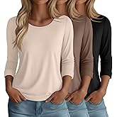 Huukeay 3 Pack 3/4 Length Sleeve Women's Tops Trendy Crew Neck Roll Basic Tees Top Dressy Loose Casual T-Shirt Blouses