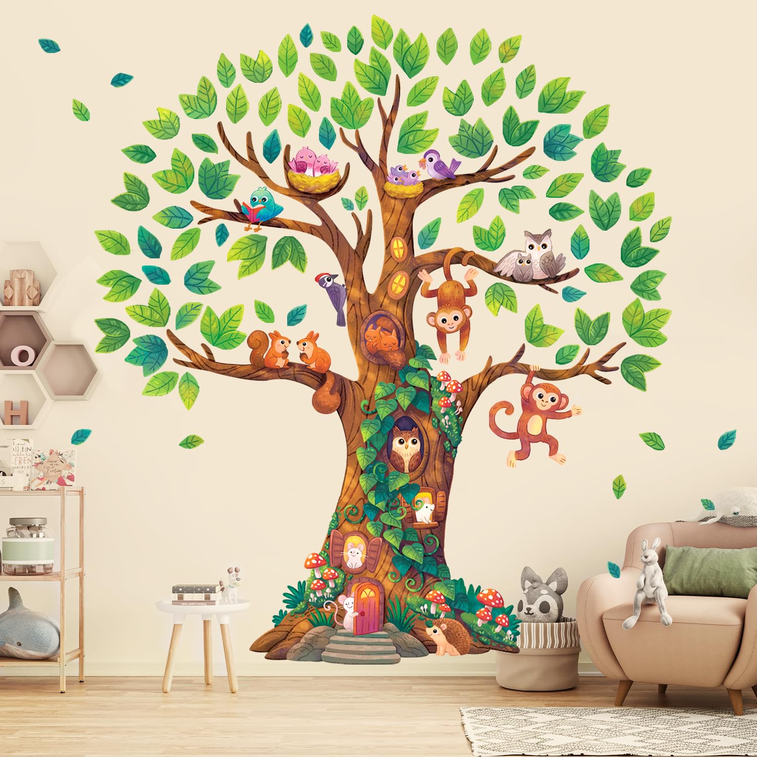 DECOWALL DL4-2303 Giant Woodland Tree Wall Stickers Animals Monkey Decals for Kids Bedroom Nursery Wall Art DIY Family Living Room Playroom