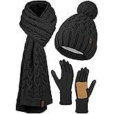 Aneco Women Winter Beanie Hat Scarf Gloves with Pom Pom Fleece Lined Touchscreen Gloves Set Thick Warm Knit Cap 3-in-1 Set
