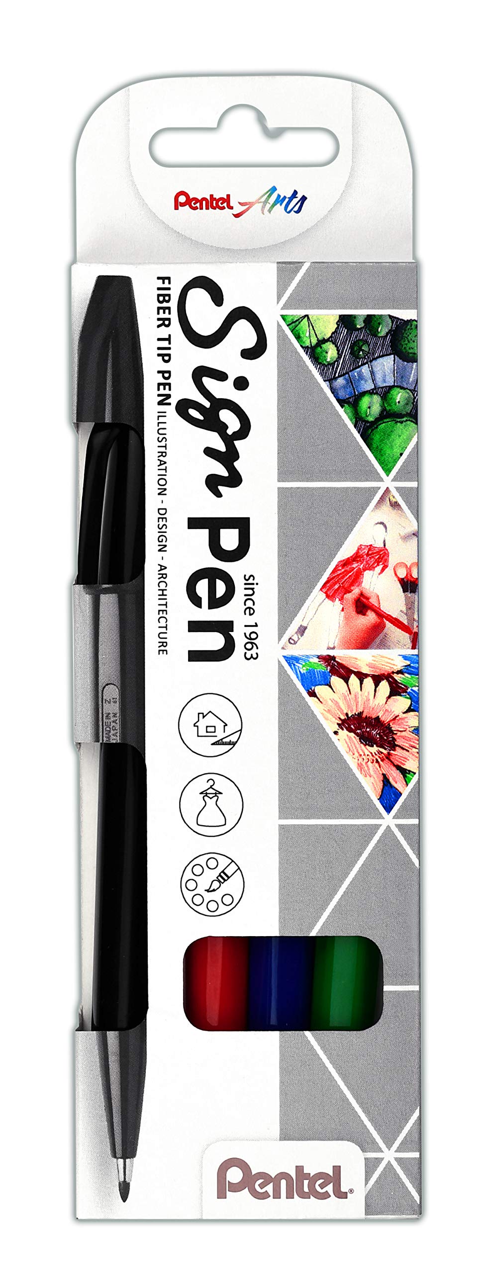 Pentel S520-4 Sign Pen Fibre-Tip Pen 0.8mm Line Width Black Red Blue Green Pack of 4