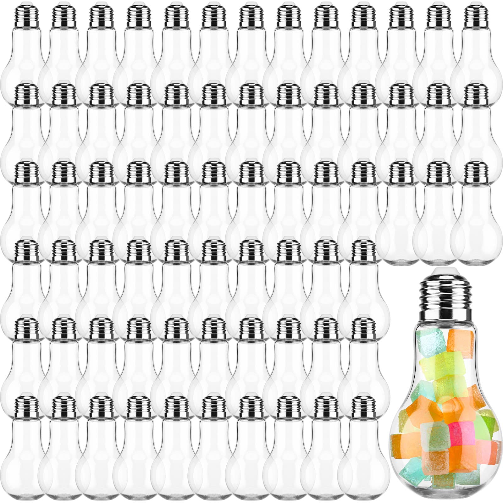 Photo 1 of 72 Pieces Plastic Bulb Jar Light Bulb Shaped Acrylic Candy Boxes 3.4 oz Fillable Plastic Light Bulbs for Crafts Light Bulb Gift Lightbulb Candy Containers for Party Favors Supplies (Silver Lid)