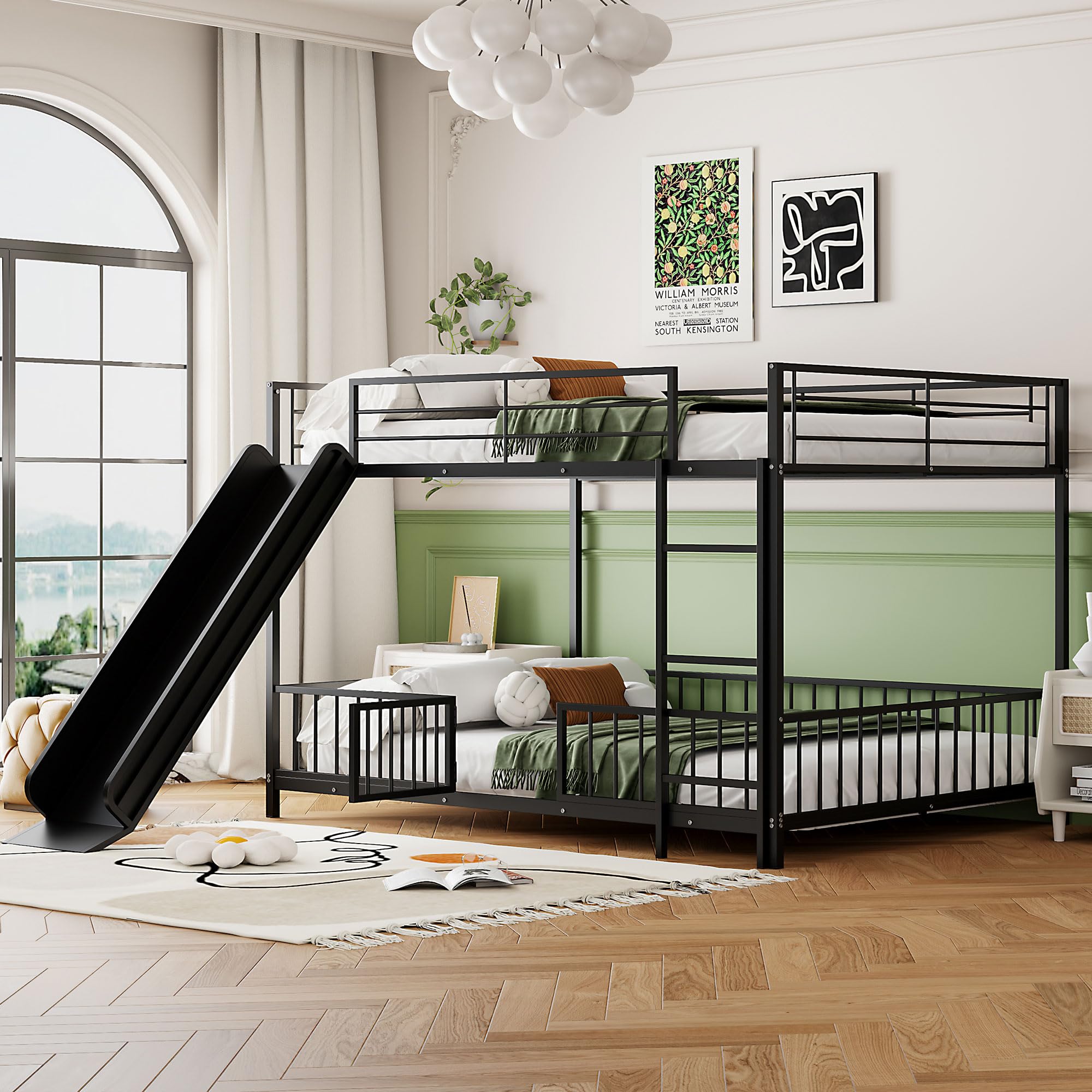 Photo 1 of 2 BOX+++Bellemave Full Over Full Bunk Bed with Slide and Ladder, Metal Bunk Bed for Kids, Girls, Boys, Removable Fence, Low Bunk Bed with Slide, with Door, Black