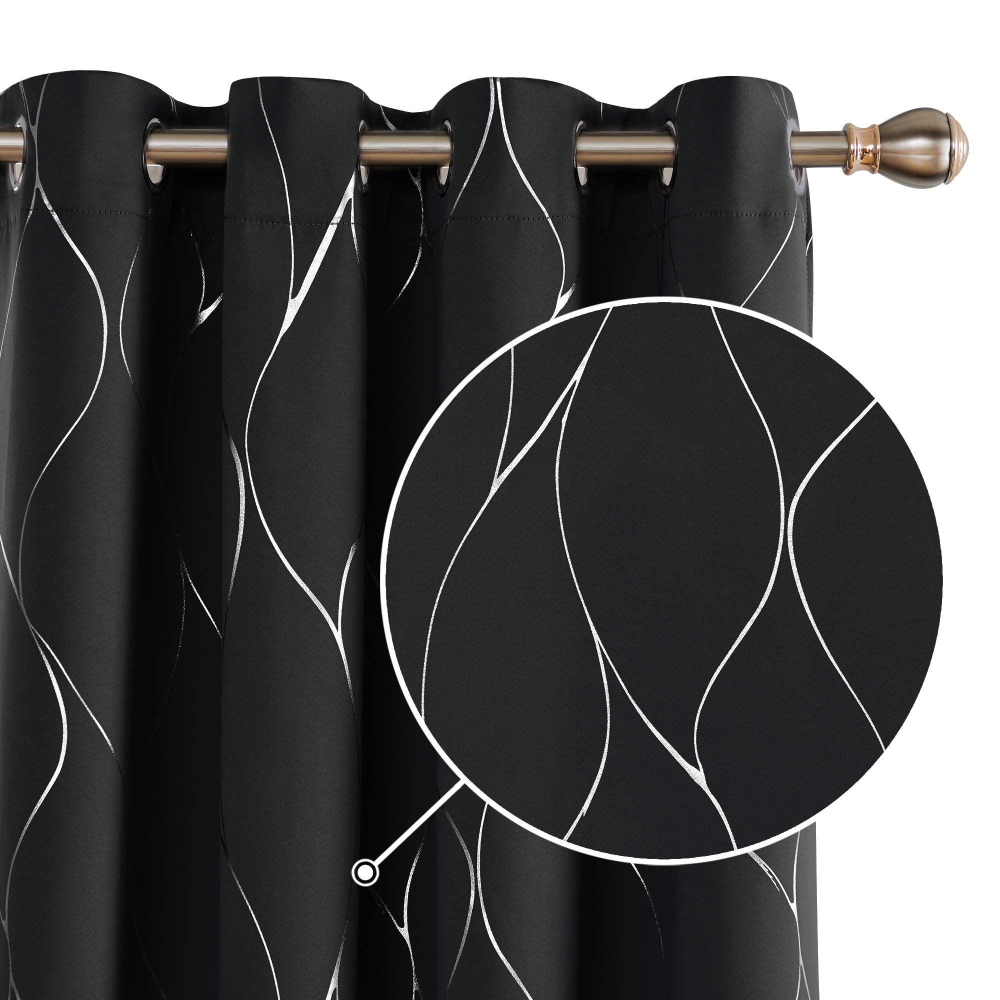 Deconovo Blackout Curtains Noise Reduction Curtains Silver Wave Line Foil Printed Curtains Thermal Insulated Eyelet Curtains for Bedroom Black W55 x L95 One Pair