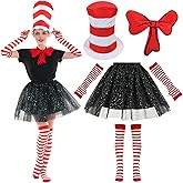 Webeasy Cat Costume Set for Kids and Adults, Include Red White Striped Top Hat, Bow Tie, Tutu Skirt, Socks and Gloves