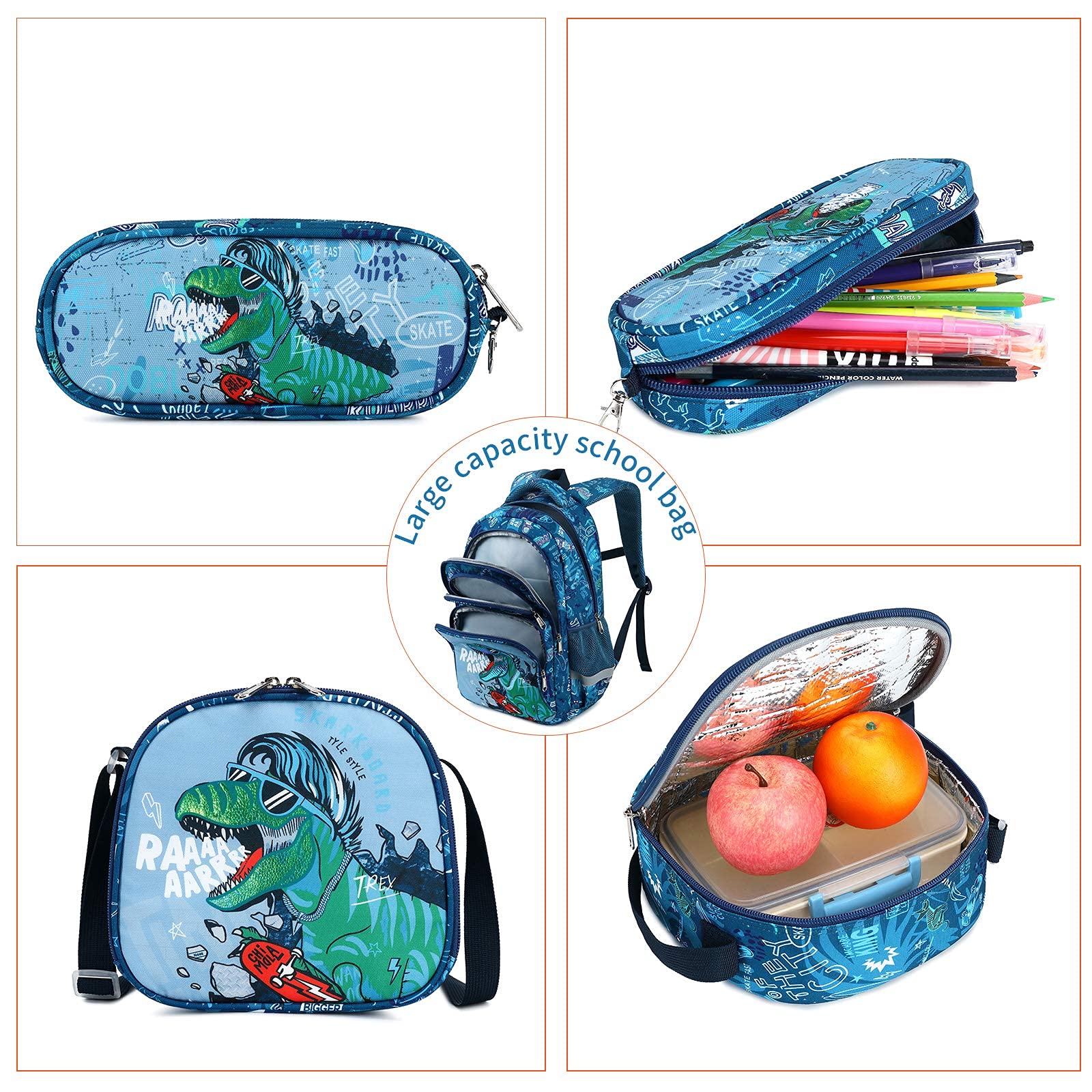 Wawakube 3Pcs Boys Dinosaur Backpack Set with Lunch Box Pencil Case, School Book Bag for Kids Elementary Preschool…