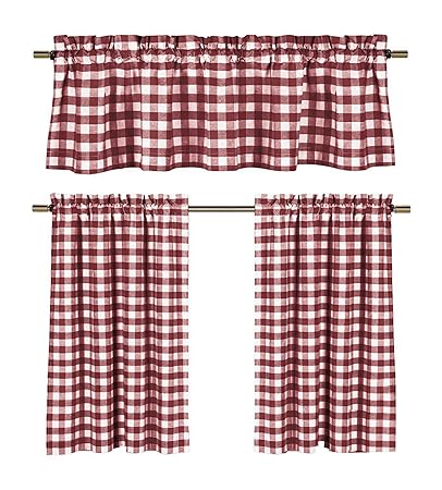 3 Piece Cotton Rich Small Kitchen Window Set: Gingham Check Design, One Valance, Two Tiers 24 in Long (Burgundy and White)
