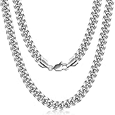 Fiusem Silver Tone Cuban Link Chain for Men, Mens Chain Necklaces, Stainless Steel Chain Necklaces for Men Women, Width 4/5/6/8mm