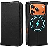 HPOEYNANY Wallet Case for iPhone 17 Pro 6.3", Genuine Leather Flip Folio Case Compatible with Magsafe, RFID Blocking Magnetic Card Holder Kickstand Cover Men Women for iPhone 17 Pro, Black