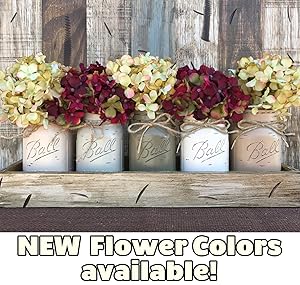 Mason Canning JARS in Wood or Metal Tray Centerpiece with 5 Ball Pint Jar -Kitchen Table Decor -Distressed -Flowers (Optional)- SAND, THISTLE, PEWTER, CREAM, COFFEE Painted Jars (Pictured)