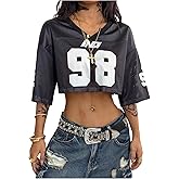 Milumia Women's Number Graphic V Neck Short Sleeve Mesh Jersey Shirts Football Basketball Crop Tee Tops