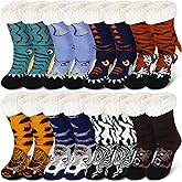 Panitay 8 Pair Men Fuzzy Slipper Socks with Grippers Winter Non Slip Indoor Warm Fleece Lined Thick Cozy Slipper Socks Heated Slippers Tiger Crocodile Bear Animal Socks for Men Accessories Gifts