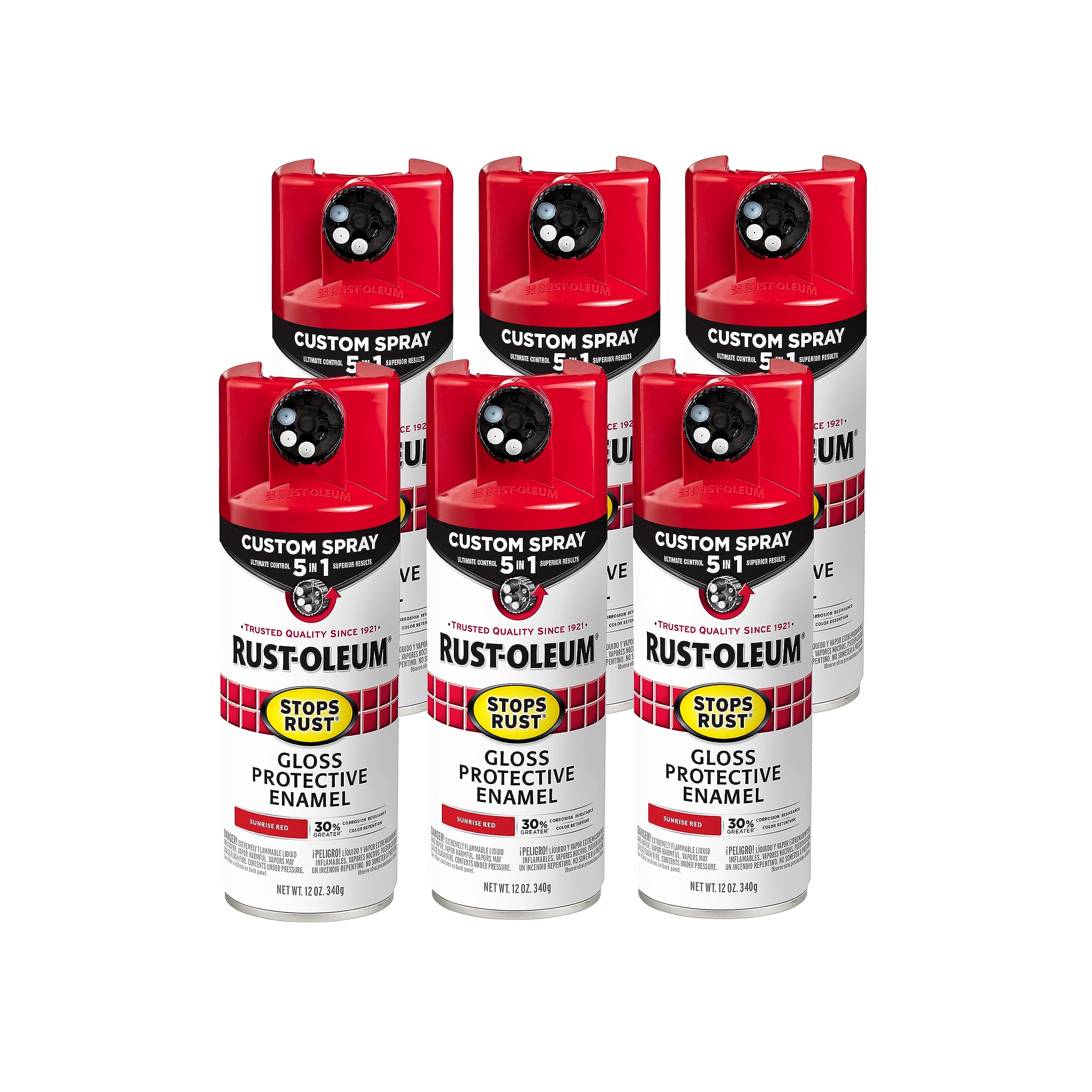 Rust-Oleum 376899-6PK Stops Rust Custom Spray 5-in-1 Spray Paint, 12 oz, Gloss Sunrise Red, 6 Pack Image