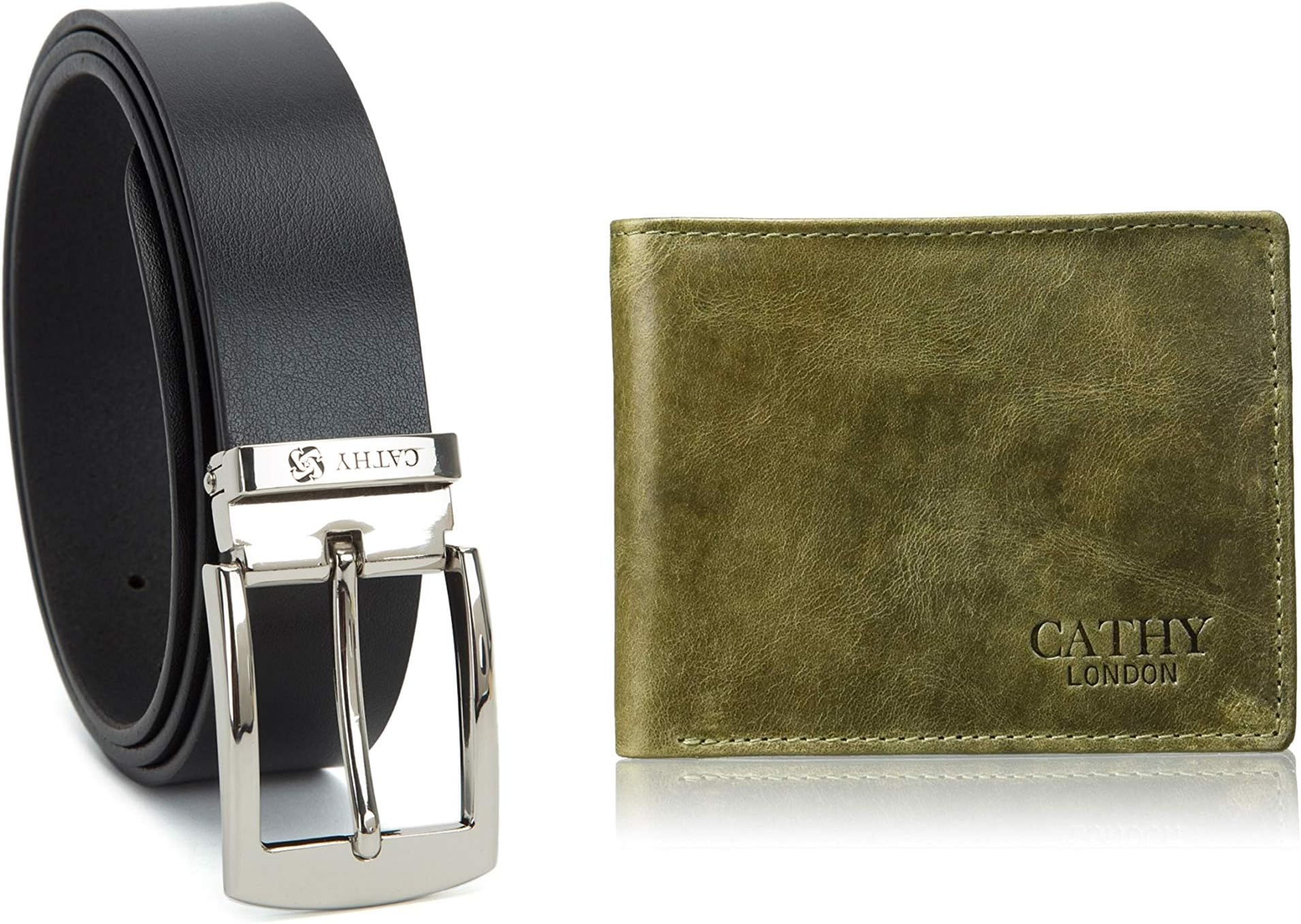 Cathy London Men's Genuine Leather Wallet & Belt Combo with Gift Box (Color-Green, Black)