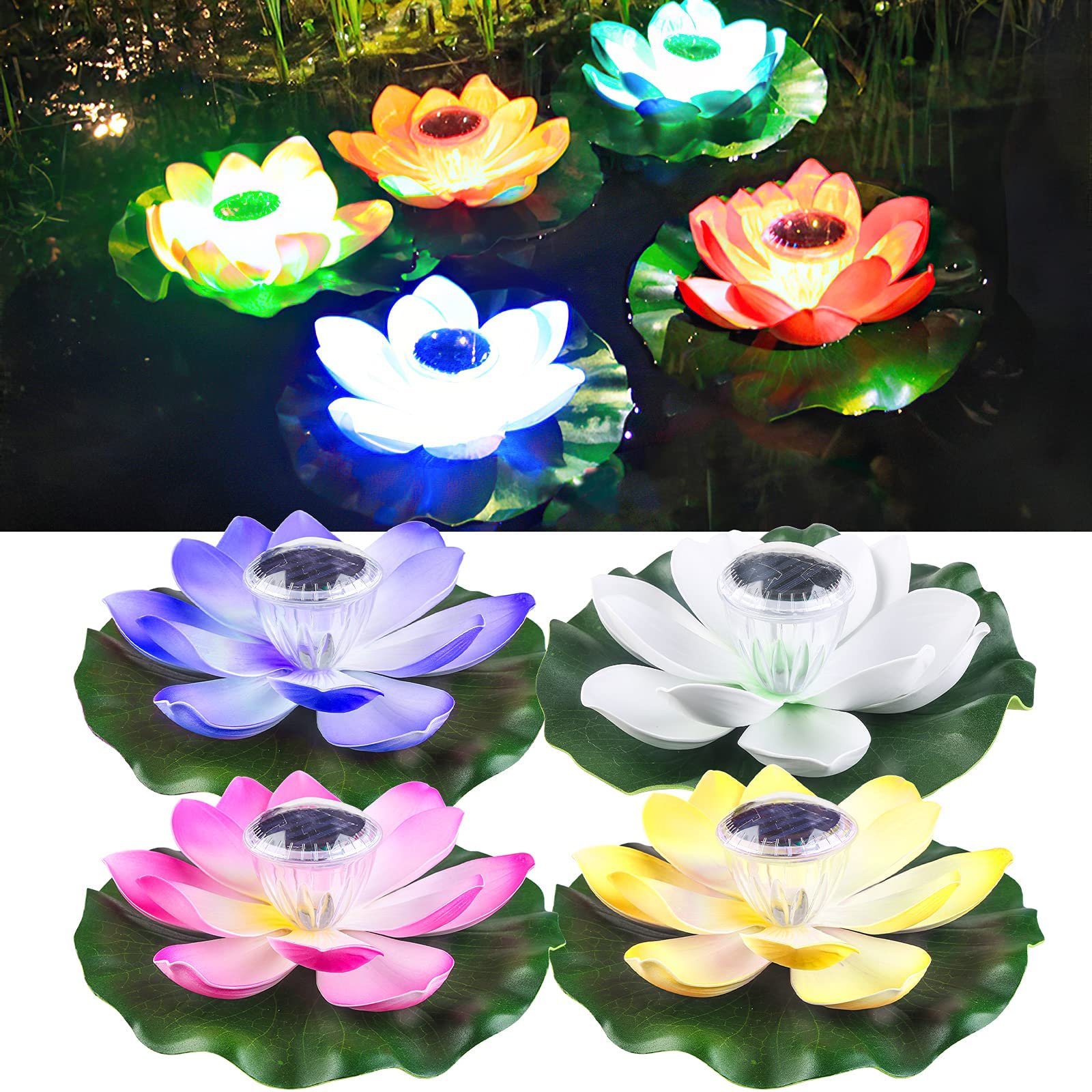 jindaaudio 4 Pcs Solar Floating Lotus Light,Outdoor Waterproof Lotus Pool Lights Colorful,Solar Powered Lotus Lamp, Pool Decor,for Garden, Lawn, Pool, Backyard,Pond,Fountain