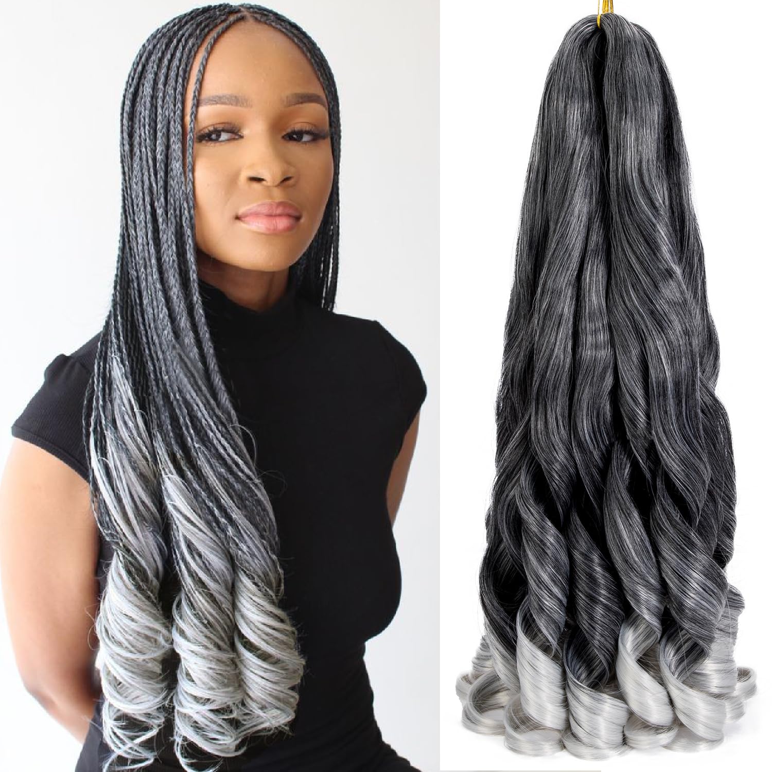 8 Packs French Curly Braiding Hair 22 Inch Pre Stretched Braiding Hair Loose Wave Spiral Curl Braids Crochet Hair with Curly Ends for Black Women by Originea (T1B/Silver#) — image 1