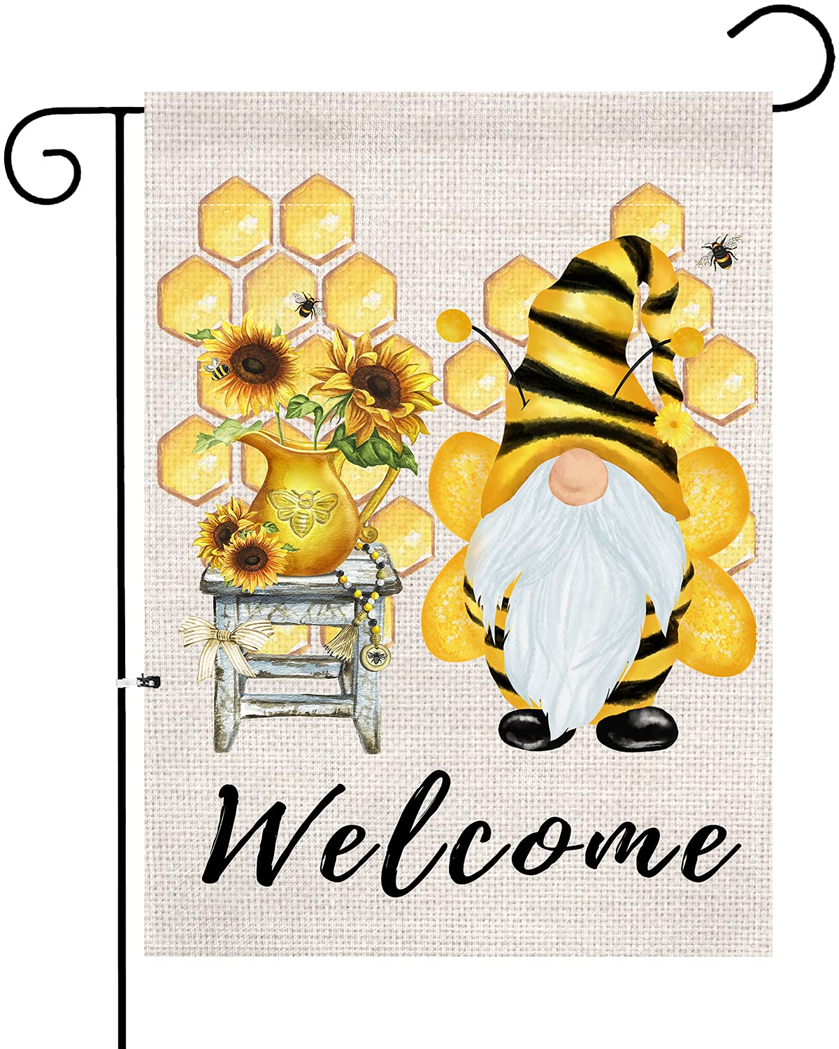 XIFAN Summer Welcome Garden Flag Bee Gnome Sunflower Heavyweight Burlap Double Sided Small 12.5 x 18 Inch Spring Yard Outdoor Decoration