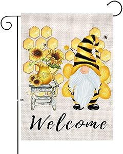 XIFAN Summer Welcome Garden Flag Bee Gnome Sunflower Heavyweight Burlap Double Sided Small 12.5 x 18 Inch Spring Yard Outdoor Decoration