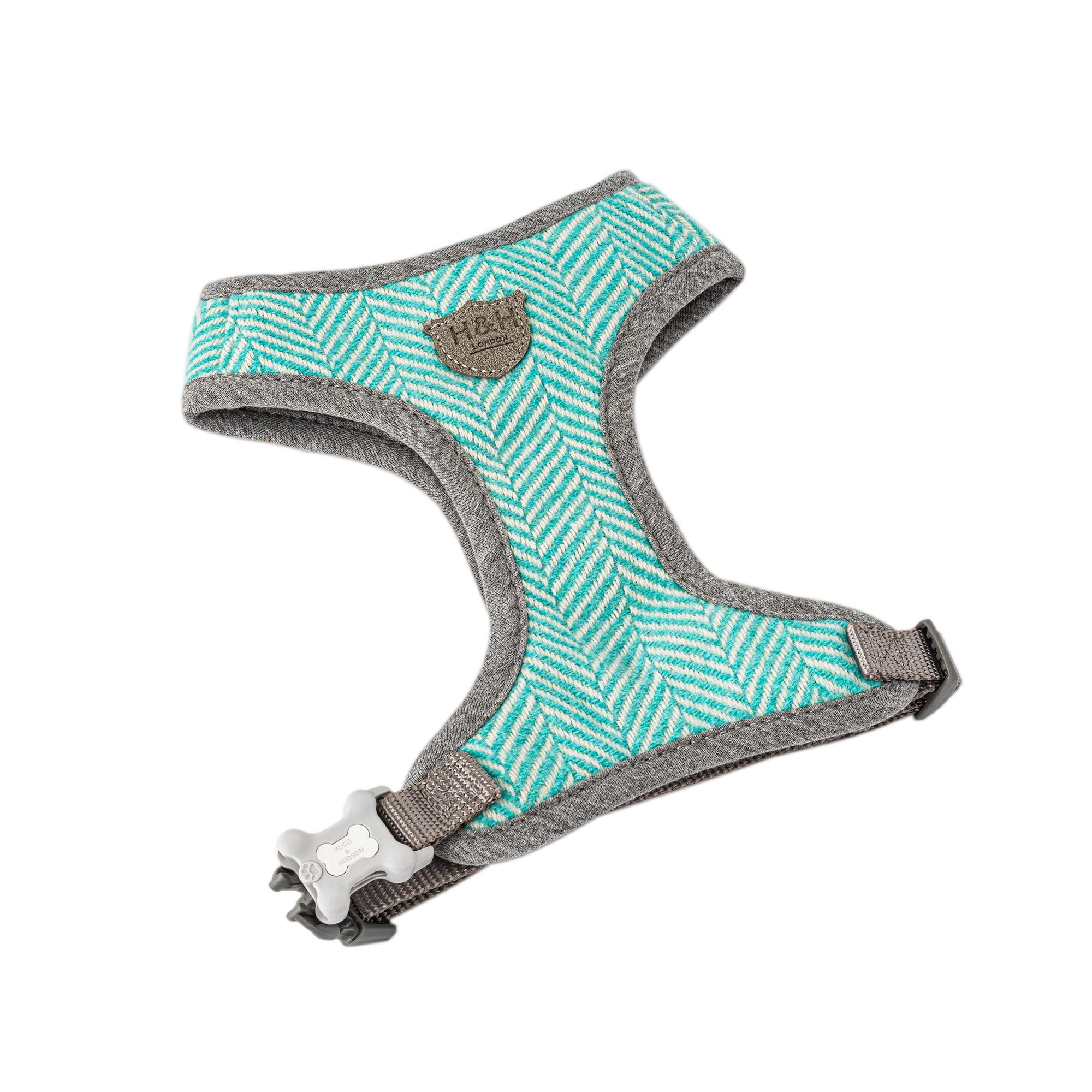 HUGO & HUDSON Tweed Dog Harness No Pull Adjustable Rear Buckle Vest, Aqua Herringbone, M