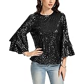 LADI TREND Full Sequin Tops for Women Glitter Party Shirt 3/4 Sleeve Sparkle Blouses Loose Shimmer Tunic Shirts