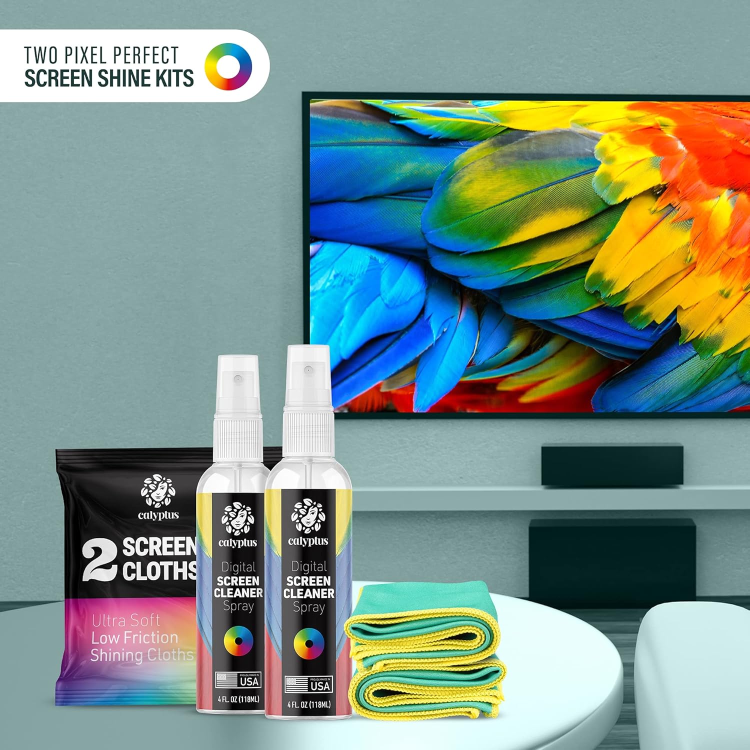 Calyptus Screen Cleaner Kit | Plant Based Power | USA Made | 8 Ounces + 8 Inch Pixel Shining Cloths | Streak Free Spray | Phone, Laptop, Tablet, Computer Screen Cleaning: Health & Personal Care