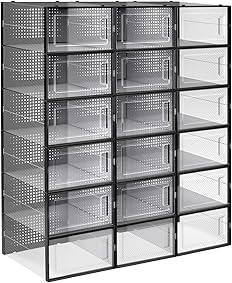 SONGMICS Cajas de Zapatos, Paquete de 18 Organizadores de Almacenamiento, Plegables y Apilables para Zapatillas hasta Talla 42, Transparente y Negro LSP18SBKV1 