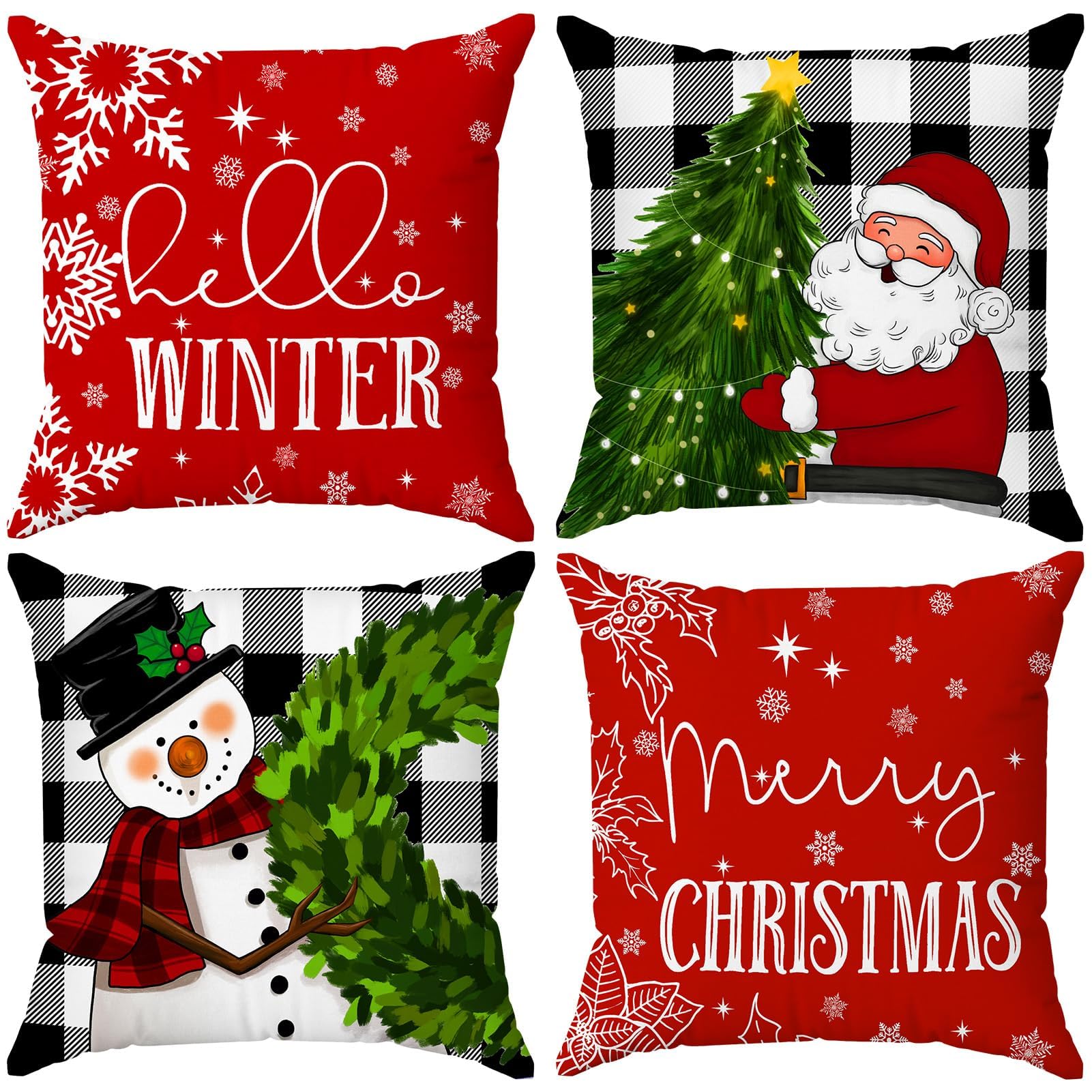 Photo 1 of Brightown Christmas Pillow Covers 20x20 Set of 4 Christmas Decorations Soft Pillowcase Snowman Wreath Santa Tree Winter Holiday Décor Throw Cushion Case for Home Couch