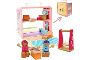 BR Play Wooden Dollhouse - Portable and Foldable Doll House with Little People Figurines & Dollhouse Accessories - Classic Preschool & Toddler Toy with Dollhouse Furniture & Pretend Swing Playset.